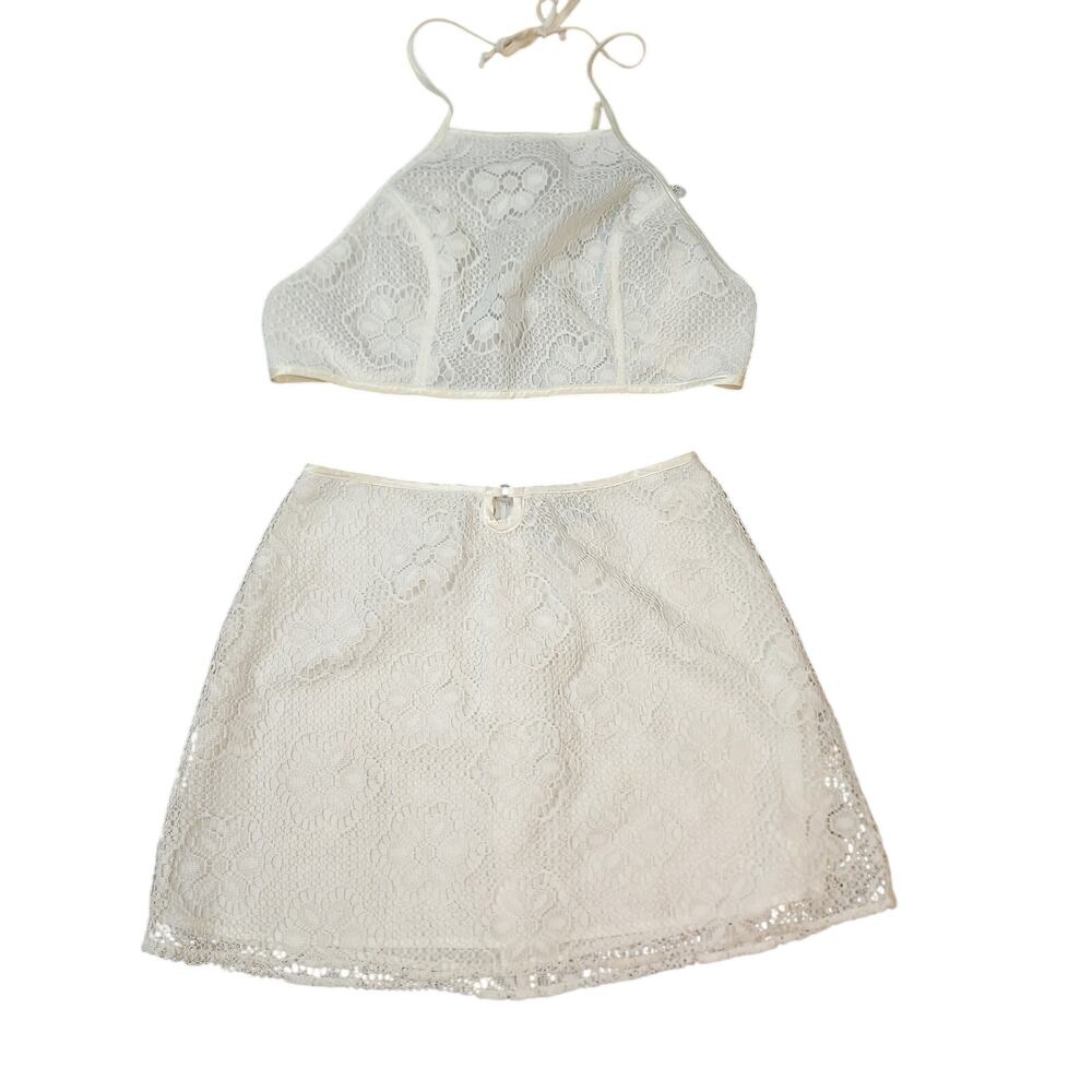 Vintage 90s Judy Knapp Off-White Lace Two Piece Set NWT Halter Crop Mini Skirt